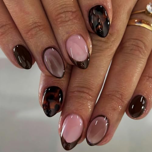 Fall Press on Nails Short Almond Fake Nails Tortoise Shell Nails Press ons