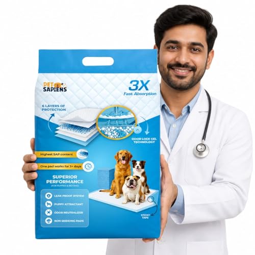 Image of PETSAPIENS India Made XL Pet Training Pee Pads (100, 60X45 cm) Dogs | Adhesive Tape | High Amount Super Absorbent Material I 8 Layers (2 Hidden) | Built in Pet Attractant | Moisture Free Zipper Pack
