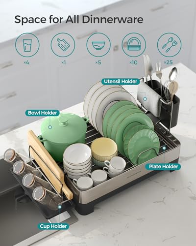 Image of SONGMICS Dish Drying Rack, Stainless Steel, Extendable Spout | Dish Drainers for Kitchen Counter, Fingerprint-Resistant, 12.4 x 23.1 In, Ink Silver and Black, PAXTON Collection UKCS030B01