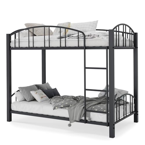Bunk Bed Twin Over Twin with Stairs and Arched Guardrail, Sturdy Metal Slats Support, Space Saving, Noise Free, No Box Spring Needed, Ideal for Kid Room and Dorm, Black