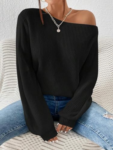 Image of SKAYS Womens Off The Shoulder Sweater Asymmetrical Neck Fall Ribbed Knit Long Sleeve Pullover Sweaters Lightweight Top