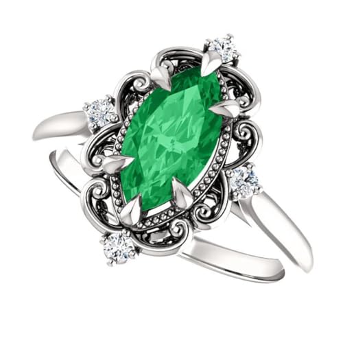 Vintage Inspired Marquise Emerald Engagement Ring 14K White Gold, Victorian 1-3 CT Natural Emerald Diamond Ring Antique Green Emerald Ring May Birthstone Rings2