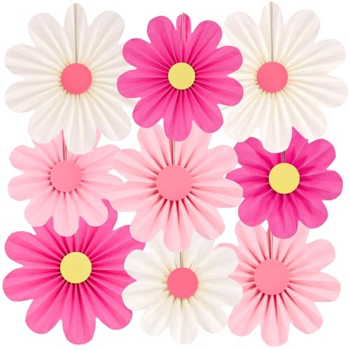 Image of SUNBEAUTY Paper Flowers Decorations Pink Daisy Paper Flowers Decorations for Wall Hanging Paper Fans Decoration Floral Backdrop Decor for Birthday Wedding Baby Shower Classroom Decoration Set of 9