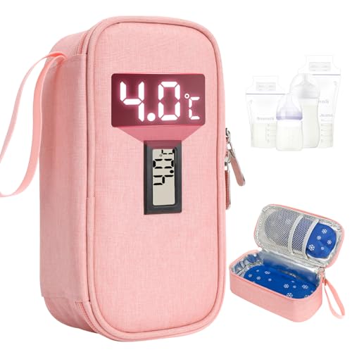 YOUSHARES Nevera Leche Materna Portatil con Indicador de Temperatura, Bolsas Leche Materna Congelar con 2 Paquetes de Hielo, Capacidad para 4 a 6 Bolsas Leche Materna para Viajes (Rosa)