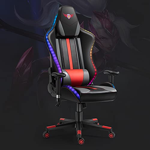 X-VOLSPORT Gaming Chair Computer Chair with RGB LED Lights Office Chair Gaming Chairs PU Leather Swivel Racing Style Video Game Chair with Massage Lumbar Support for Adults Teens ï¼ˆRed/Blackï¼‰