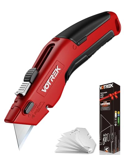 Image of VOTREK Box Cutter Utility Knife, [2-in-1] Retractable Box Cutter, Heavy Duty Safety Sharp Razor Knife for Home & Warehouse Cardboard, Carpet, [Blade Storage], with Extra Razor & Hook Blades (Red)