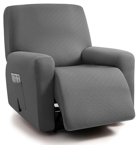 ULTICOR Squared Jacquard Design, 4-Piece, 1 Seat Recliner Cover, Reclining Chair Covers for 1 Cushion Reclining Sofa, Single Seat Recliner Couch Cover, Washable (Recliner Cover, Dark Grey)
