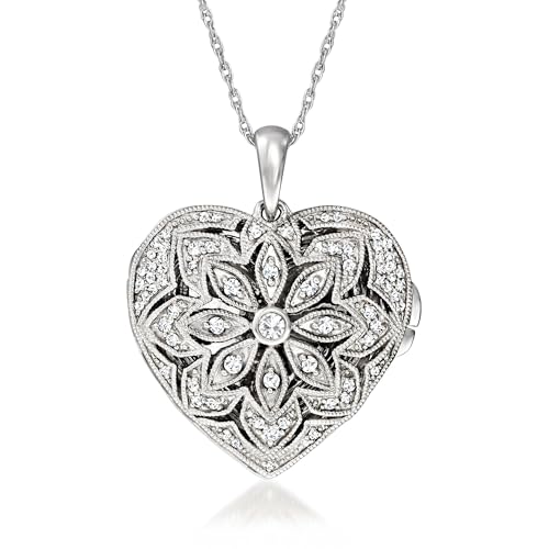 Ross-Simons 0.25 ct. t.w. Diamond Floral Heart Locket Necklace in Sterling Silver