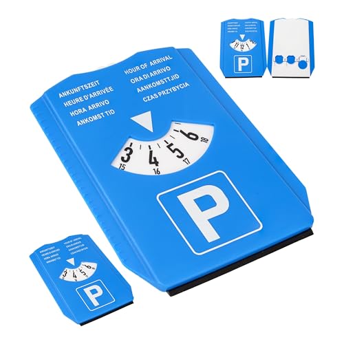 Disco de aparcamiento con rascador de hielo, 2 piezas, en azul, ocho idiomas, juego de parquímetro con calibrador de neumáticos y chip de carro de la compra, para coche, camión, autocaravana
