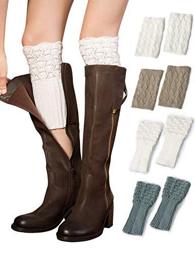VERO MONTE 4 Pairs Womens Short Boot Cuffs Cute Leg Warmers (White, Khaki, Grey)