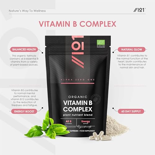 Organic Vitamin B Complex – 100% Plant Based Blend – 60 Vegan Capsules – All 8 B Vitamins B1 B2 B3 B5 B6 B7 B9 B12 – Energy Support – by Alpha01 - Image 2