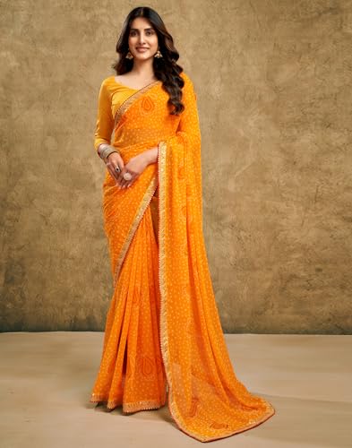 Image of SIRIL Women's Georgette Bandhani Printed Saree With Unstitched Blouse Piece