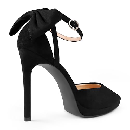 Zzheels Women's Pointed Toe Platform Stiletto Heels Bow Dress Heels Ankle Strap Pumps Black Suede US93