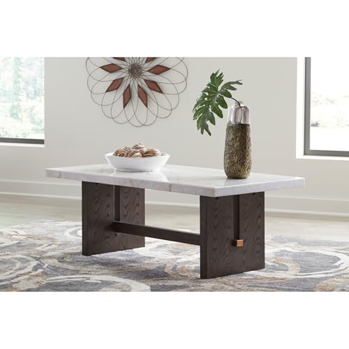 Signature Design by Ashley Burkhaus Traditional Rectangular Coffee Table with Marble Tabletop, Dark Brown & White - Image 3