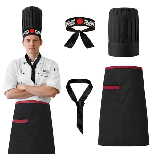 Hibachi Chef Hat and Apron Set Japanese Style 4-Piece Hibachi Hat Chef Costume with Japanese Headband and Tie Chef Hat and Apron for Men Women BBQ Grilling Cooking Gift & Halloween Role Play