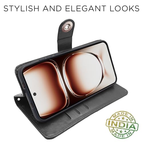Image of Pikkme Flip Cover Leather Finish | Inside TPU with Card Pockets | Wallet Stand and Shock Proof | Complete Protection Button Flip Case for Oppo Reno 12 Pro 5G (Black)