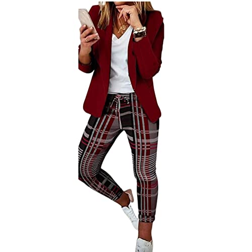 Womens 2 Piece Plaid Suits Set Business Casual Outfits Long Sleeve Blazer Sets Drawstring Pant Suits