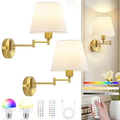 Battery Operated Wall Sconce, Wireless Rechargeable Wall Lights, Swing Arm Wall Lamps with Remotes Dimmable 15 Colors Detachable Bulbs, Gold Sconces Wall Decor Set of 2 for Bedroom Living Room