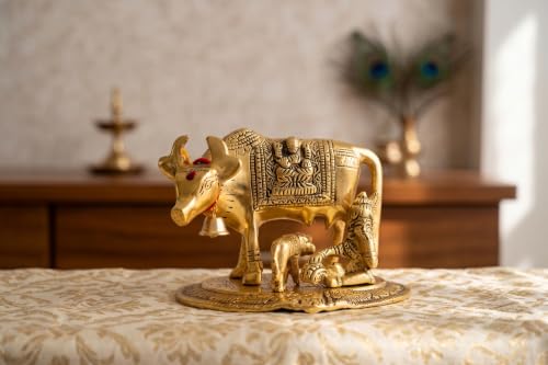 Image of KridayKraft Kamdhenu Cow,Calf with Bal Gopal Krishna Metal Statue for Good Luck,Feng Shui As Table Top Figurine,Vastu,Religious Gau MATA Idol Home,Office&Table (Gold, Medium)