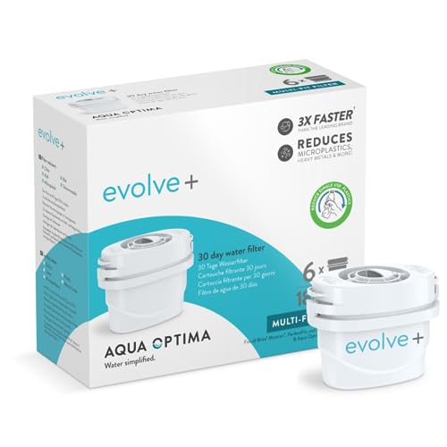 Aqua Optima Evolve+ Cartuccia Filtro per Acqua - Compatibile con Brita Maxtra, Maxtra+ e PerfectFit* - Riduce Cloro, Calcare, e Altri Impurità - 6 Filtri x 100L (6 Mesi)