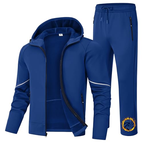 BGOWATU Men's Fleece Lined Tracksuits Set Winter Jacket Hoodie Sweatsuit Running Sport Pants Jogging Suits with Pockets Royal Blue XL