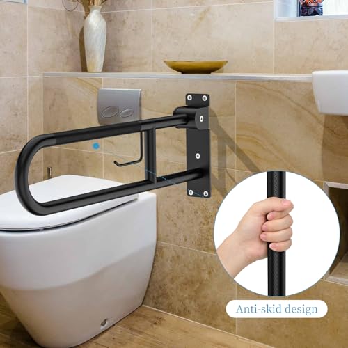Image of Toilet Grab Bar 30.3 Inch Black, Munzong Anti-Slip Handicap Grab Bars with Paper Holder, Flip-Up Bathroom Safety Rails, Stainless Steel Knurled Support handrails for Seniors Elderly Disabled Pregnant
