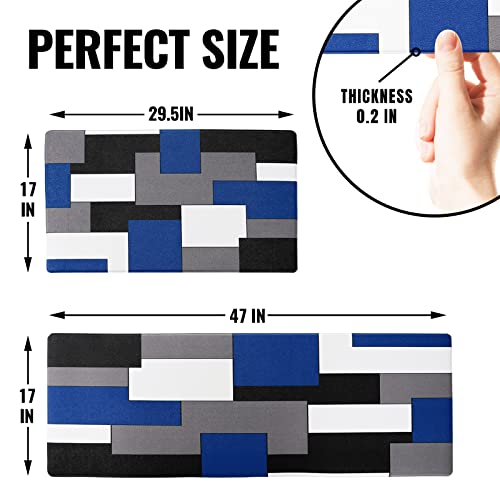 Ailuer Blue And Black Kitchen Rugs And Mats Set 2 Piece Abstract Geometric Art Cushioned Kitchen Rugs Abstract Modern Art Kitchen Mats For Kitchen & Laundry (Blue Art, 17.5"X29.5"+17.5"X47") #TOP2