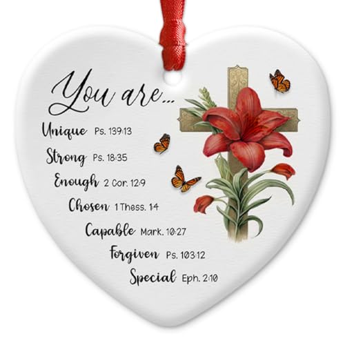 CHOANG Christian Ceramic Ornaments Decor Christmas - You are Bible Verse Inspirational Keepsake - Cross Cruxifix with Flower Give Blessing Ornament - Gift for Women, Ladies - Religious Present