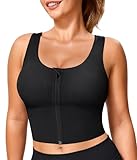 TrainingGirl Zip Front Closure Longline Sports Bras for Women - Workout Crop Tank Tops Yoga Camisole Criss Cross Back (US, Alpha, Black, Regular, Regular, Medium)