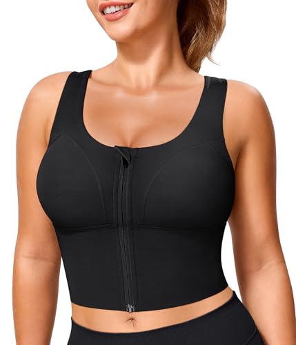 TrainingGirl Zip Front Closure Longline Sports Bras for Women - Workout Crop Tank Tops Yoga Camisole Criss Cross Back
