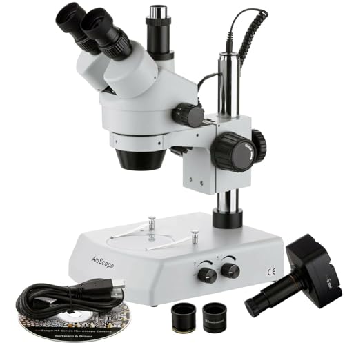 Image of Amscope SM-2TZ-M Digital Professional Trinocular Stereo Zoom Microscope, WH10x Eyepieces, 3.5X-90X Magnification, 0.7X-4.5X Zoom Objective, Upper and Lower Halogen Lighting, Pillar Stand, 110V-120V, Includes 0.5X and 2.0X Barlow Lenses and 1.3MP Camera with Reduction Lens and Software
