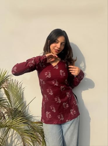 Image of Women Pure Cotton Floral Printed Short Kurti | Square Neck | Full Sleeves | Stylish Ethnic Kurta | Back Tie-Up | Casual Wear Kurta