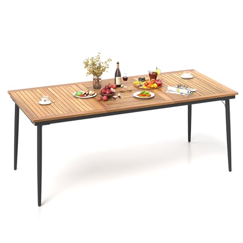 GOPLUS Table de Salle à Manger Jardin 8 Personnes, Table de Jardin Exterieur en Bois d'Acacia FSC avec Trou pour Parasol de 5 CM, Plateau à Lattes, Pieds...