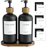 MASADI Black Glass Hand Soap and Lotion Dispenser Set with Tray, Liquid Hand Soap Dispenser and Pump, Bathroom Soap Dispenser Set, Bamboo Bathroom Accessories & Modern Bathroom Deco
