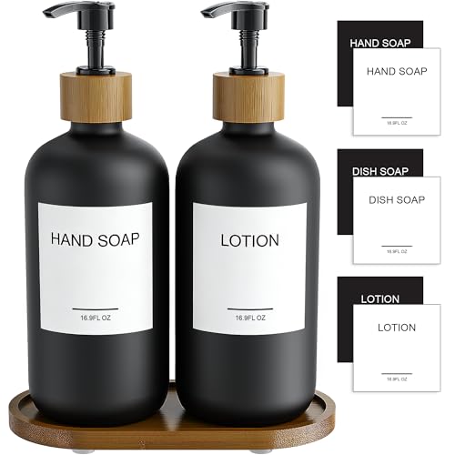 MASADI Black Glass Hand Soap and Lotion Dispenser Set with Tray Liquid Hand Soap Dispenser and Pump Bathroom Soap Dispenser Set Bamboo Bathroom Accessories & Modern Bathroom Deco
