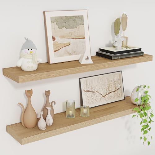 Fun Memories Floating Shelves for Wall, 30 Rustic Wood Deep Wall Mounted Shelves with Invisible Brackets for Decor & Storage, Floating Shelf for Living Room, Bathroom (Oak, Set of 2)