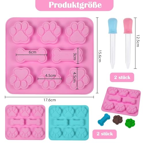 2 Stück Backmatte Hundekekse, Silikon Backmatte für Hundeleckerlies Set, Silikonform Hundeleckerli, Hundekekse Backform mit 2 Tropfer, Hundepfoten Silikonformen, für DIY Hundeleckerlies, Schokolade