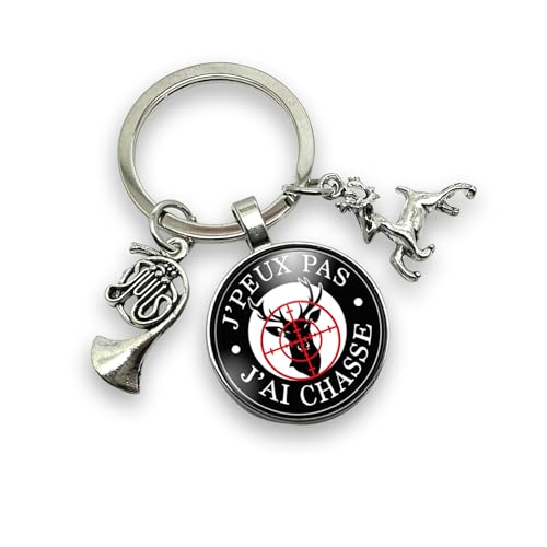 cadeau chasseur, porte clés pour chasse « j'peux pas, j'ai chasse » avec breloques cor de chasse et cerf - idée cadeau original pour chasseur - création