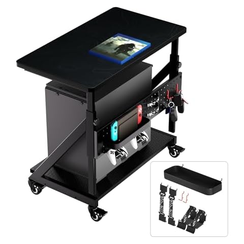 JWX Gaming Computer Tower Stand, 5-Step Height Adjustment Side Desk & Side Table with Power Organize, 2-Tier Case CPU Holder Gift Cart with Rolling Wheels, Upgrade Storage Kit *7 & Mouse Pad, Black Cover