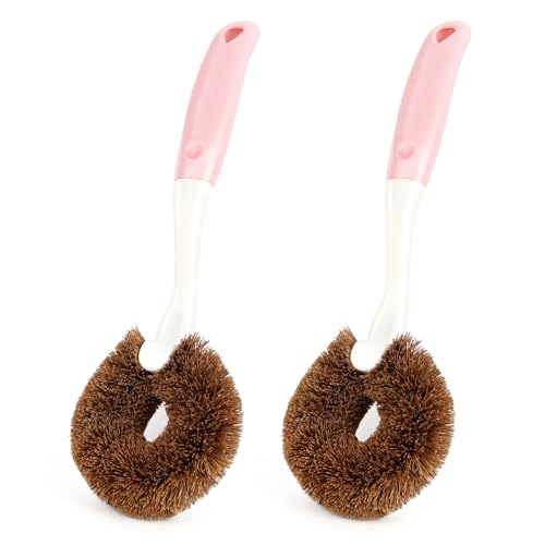 Image of 2 Pack Kitchen Scrub Brushes for Cleaning Dish Brush with Handle for Pans, Pots, Kitchen Sink Cleaning Scrub Brushes (Coconut Fiber)