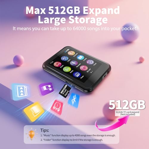 48GB MP3 Player with Bluetooth 5.3, 2.4 inch Full Touchscreen Music MP3 for Kids, FM Radio, Voice Recorder, HiFi Sound, E-Book, Earphones Included