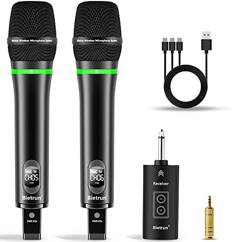 Bietrun Wireless Microphone, Rechargeable UHF Metal Dual Cordless Handheld Dynamic Unidirectional Mics with Bluetooth for Karaoke Machine, PA System Speaker, Mixer, Party, Church, Wedding(240ft Range)