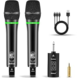 Bietrun Rechargeable Wireless Microphone, Dual Metal Cordless Handheld Dynamic Wireless Mics with 1/4'' Output for Karaoke, Meeting, Singing, Church, Wedding(UHF 240ft Range)(Receiver with Bluetooth)