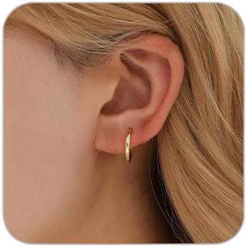 1 Pair 10mm Small Hoop Earrings for Women, Dainty 14K Gold Plated Huggie Hoop Earrings Hypoallergenic Lightweight Cartilage Earrings Set for Multiple Piercings for Sensitive (Gold/1.6mm)