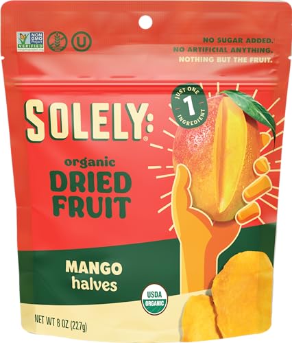 Image of SOLELY Organic Dried Mango Halves, Large 4 Pack - Real Fresh Fruit, Portable On-the-Go Snack, Vegan, Non-GMO, No Sugar Added, Not From Concentrate, Shelf-Stable, Healthy Snack for Kids & Adults
