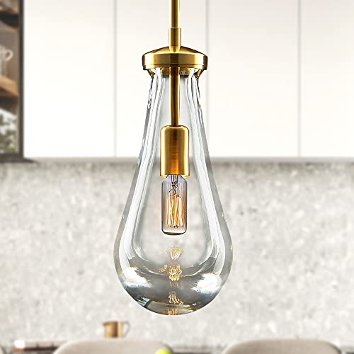 ROLERADA Gold Pendant Light - Blown Glass Pendant Lighting Fixture Teardrop Ceiling Hanging Modern Pendent Lights for Kitchen Island Dining Room in Brushed Brass Finished (T8 Bulb Included) ROLERADA Gold Pendant Light - Blown Glass Pendant Lighting Fixture Teardrop Ceiling Hanging Modern Pendent Lights for Kitchen Island Dining Room in Brushed Brass Finished (T8 Bulb Included)