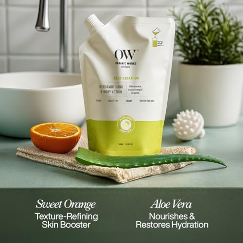 Organic Works Bergamot Hand & Body Lotion – 500 ml 99.99% Natural 24hr Calming & Moisturising with Aloe Vera,Orange Peel Oil & Shea Butter–Suitable for Dry Skin,Protective Care for Soft & Supple Skin - Image 6