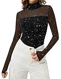 Bridesmay Sparkly Sequin Mesh Top for Women Sheer Black Long Sleeve Tops Mock Neck Glitter Ruched See Through Shirts (Black, S)