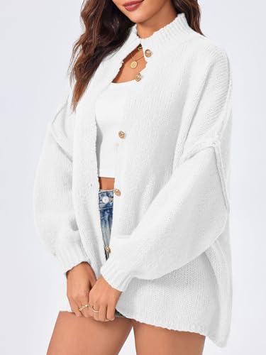 Image of Saodimallsu Womens Oversized Cardigans Long Lantern Sleeve Button Down Loose Ribbed Knit Fall Sweater Coats White