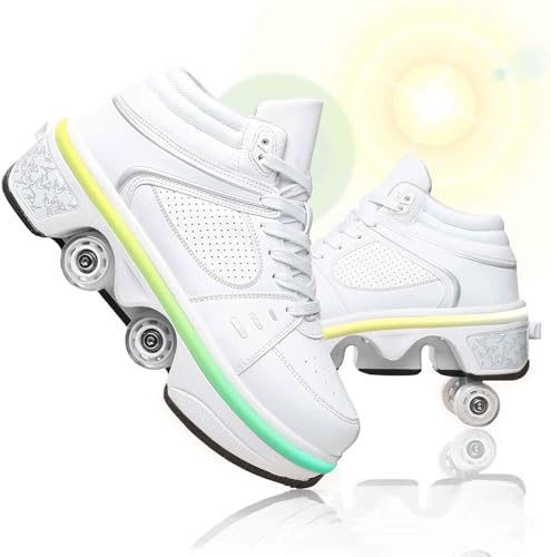 Image of Automatic Shoes Double-Row Deform Wheel Skate for Walking and Skating Invisible Deformation Roller Parkour Retractable Children's Shoes That Turn Into Rollerskates (36, LED White)